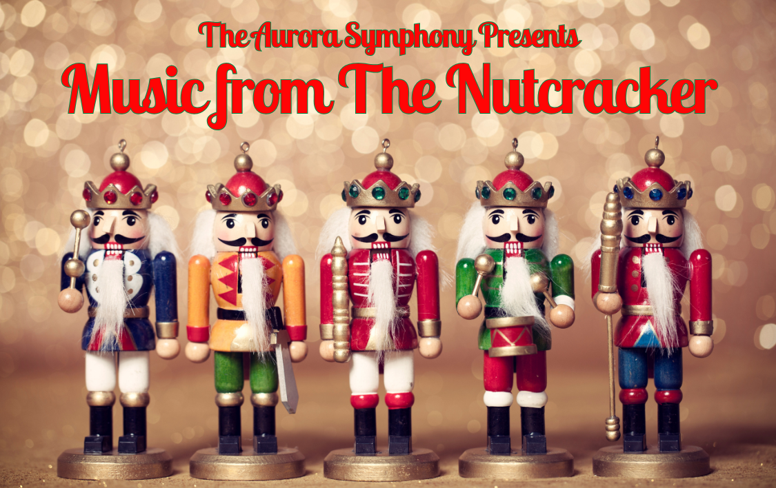 Nutcrackers in front of a golden background with text above them