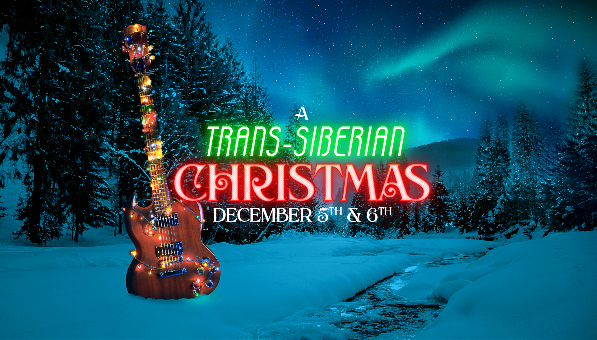 A snowy scene with an electric guitar with christmas lights on it